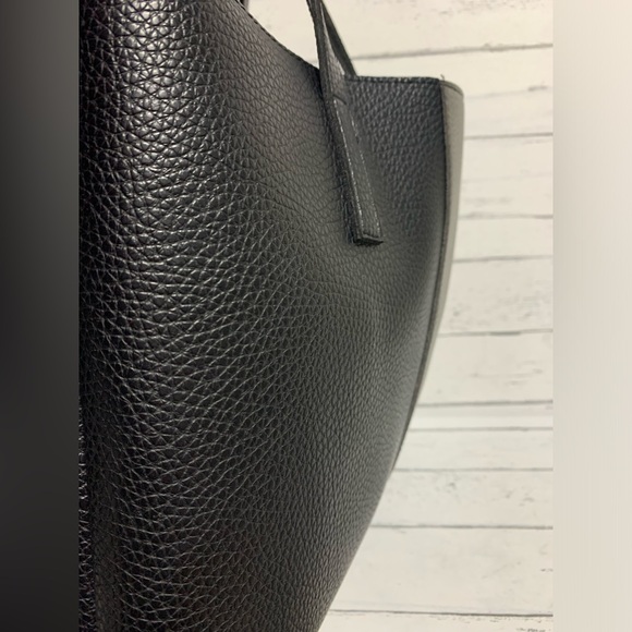 Vince Camuto Black Pebbled Leather Tote Bag with Gray Stripe, 16”x11”x0.5”, 9” - Picture 9 of 11